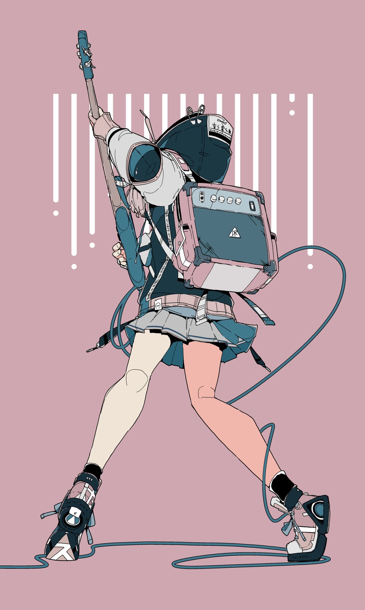 1girl backpack bag black_footwear commentary_request daisukerichard from_behind gloves guitar highres holding holding_instrument hood instrument jacket long_sleeves looking_away miniskirt original pink_background shoes skirt solo