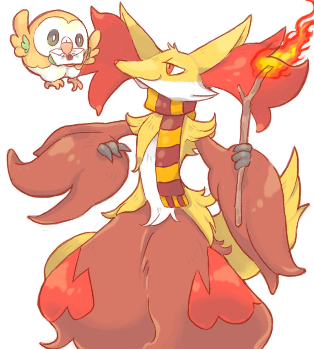 1other akadako animal_ear_fluff animal_ears animal_nose black_eyes body_fur closed_mouth clothed_pokemon commentary_request delphox envelope eye_contact fire fox_ears fox_tail full_body furry half-closed_eyes hands_up happy holding holding_stick looking_at_another mouth_hold multicolored_clothes multicolored_scarf other_focus partial_commentary pokemon pokemon_(creature) red_eyes red_fur red_scarf rowlet scarf simple_background smile snout standing stick striped striped_scarf tail white_background white_fur yellow_fur yellow_scarf