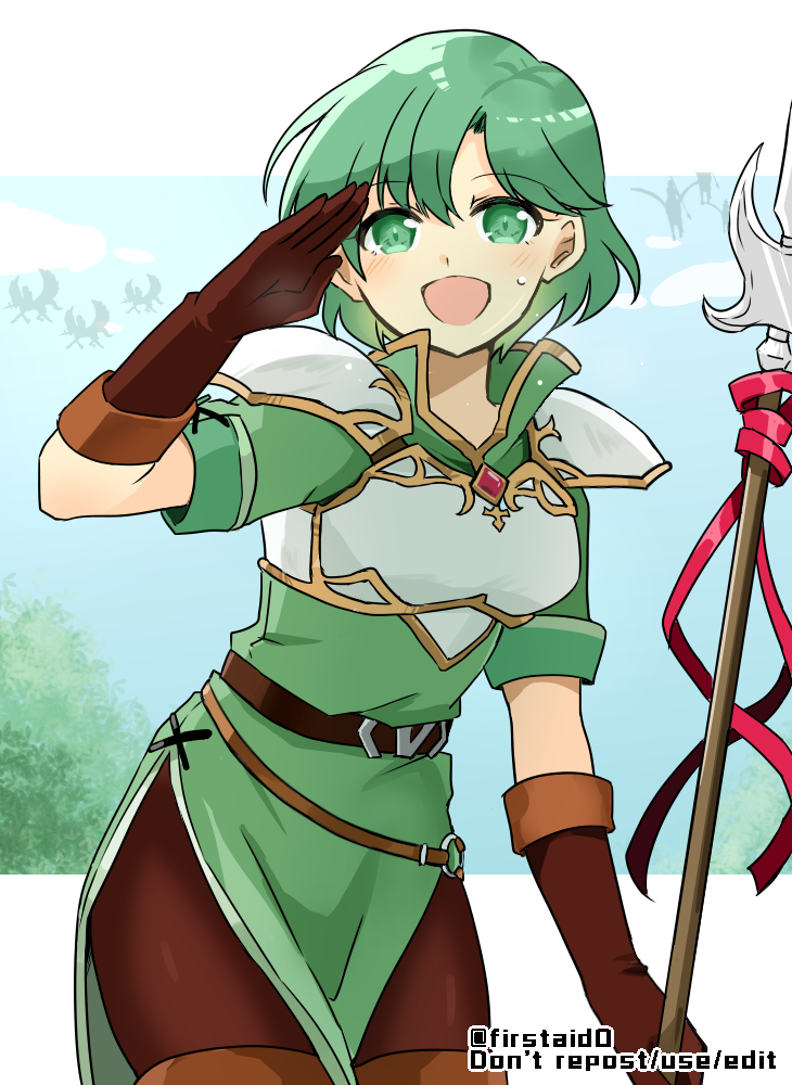 1girl :d armor bangs belt boots breastplate brown_gloves dress eyebrows_visible_through_hair fire_emblem fire_emblem:_thracia_776 gloves green_dress green_eyes green_hair holding holding_polearm holding_weapon karin_(fire_emblem) looking_at_viewer open_mouth polearm short_hair shoulder_armor smile thigh-highs thigh_boots weapon yukia_(firstaid0)