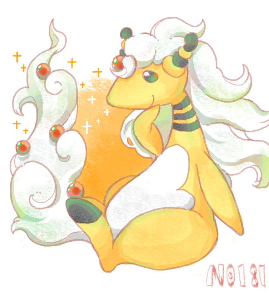 akadako ampharos animal_focus black_eyes blank_eyes closed_mouth commentary_request fluffy forehead_jewel from_side full_body gem hand_on_own_chin hand_up happy long_hair mega_ampharos mega_pokemon no_humans partial_commentary pokedex_number pokemon pokemon_(creature) red_gemstone simple_background sitting smile solo sparkle white_background white_hair