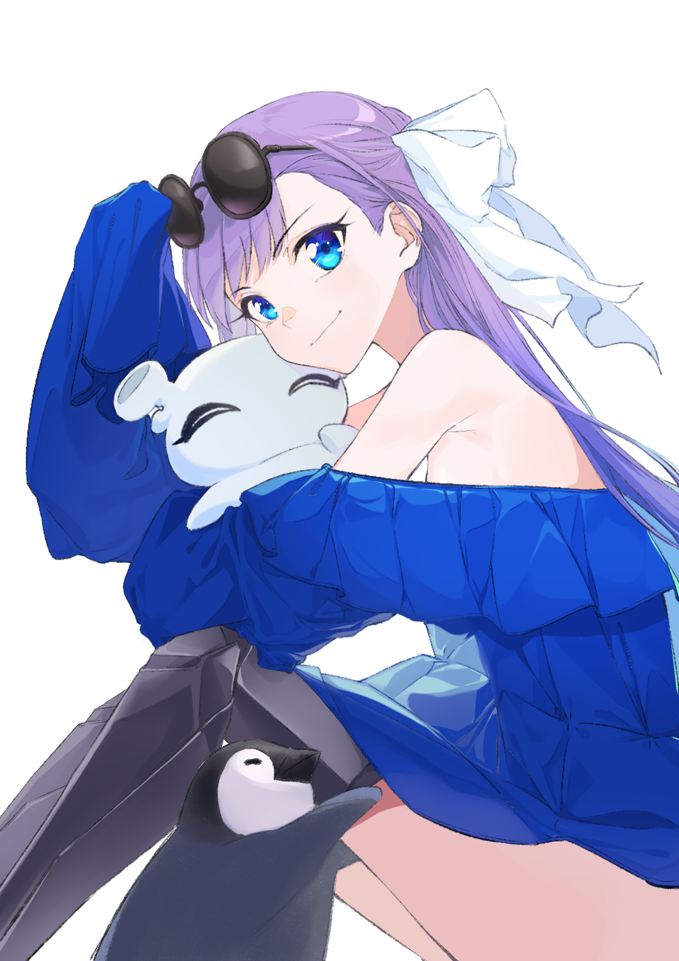 1girl armor bangs bird blue_eyes blush breasts coffeekite eyewear_on_head fate/grand_order fate_(series) greaves hair_ribbon highres long_hair long_sleeves looking_at_viewer meltryllis_(fate) meltryllis_(swimsuit_lancer)_(fate) penguin prosthesis prosthetic_leg purple_hair ribbon sitting sleeves_past_fingers sleeves_past_wrists small_breasts smile sunglasses thighs very_long_hair white_ribbon