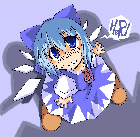 blue_background blue_bow blue_dress blue_eyes blue_hair bow bow_hairband brown_footwear cirno dress hairband ice ice_wings looking_up lowres moriya_suwako oversized_clothes scared shadow shoes sweat sweatdrop touhou wings yuuhi_alpha
