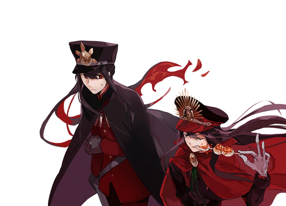 1boy 1girl bangs black_cape black_hair black_pants brother_and_sister cape closed_eyes closed_mouth commentary_request eating family_crest fate/grand_order fate_(series) food frown gloves grey_gloves hair_between_eyes hat holding holding_food jacket long_hair long_sleeves looking_at_another multicolored_hair oda_nobukatsu_(fate) oda_nobunaga_(fate) oda_nobunaga_(koha-ace) oda_uri pants peaked_cap ponytail red_cape red_eyes red_jacket redhead sakamoto_bin siblings sidelocks simple_background two-tone_hair upper_body very_long_hair weapon white_background white_gloves