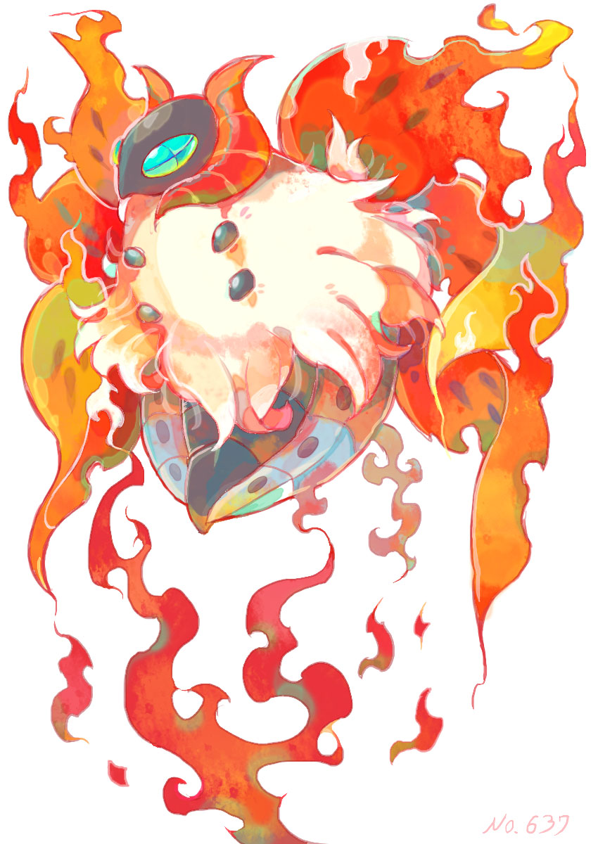 akadako animal_focus blue_eyes commentary_request dated_commentary fiery_wings fire fluffy full_body highres no_humans one-hour_drawing_challenge partial_commentary pokedex_number pokemon pokemon_(creature) red_wings simple_background solo volcarona white_background wings