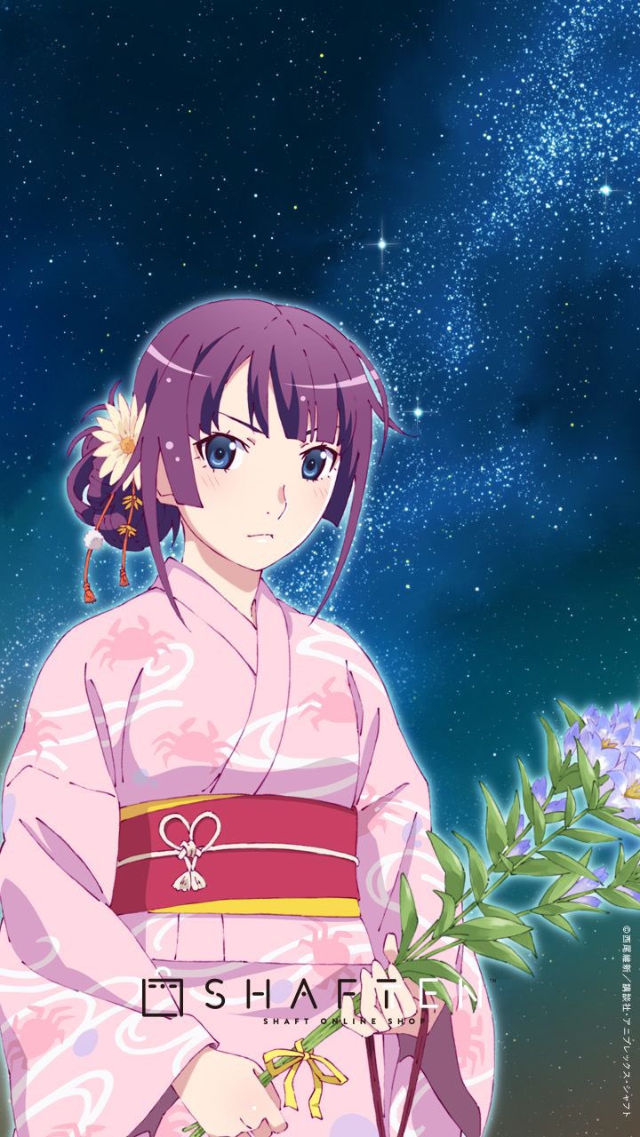 1girl bangs blue_eyes blunt_bangs blush breasts closed_mouth flower hair_flower hair_ornament highres holding holding_flower japanese_clothes kimono long_sleeves looking_at_viewer monogatari_(series) night night_sky obi official_art print_kimono promotional_art sash shaft shiny shiny_hair shiny_skin sidelocks sky solo standing star_(sky) starry_sky tied_hair upper_body watanabe_akio wide_sleeves