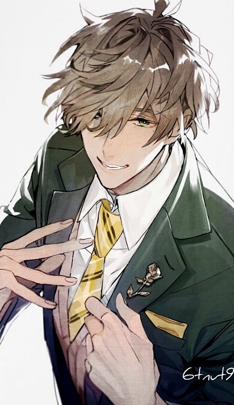 1boy 6tnut9 artist_name brown_hair collared_jacket collared_shirt commentary_request green_eyes jacket looking_at_viewer messy_hair mole mole_under_eye necktie nijisanji oliver_evans shirt solo upper_body virtual_youtuber white_background white_shirt wing_collar yellow_necktie