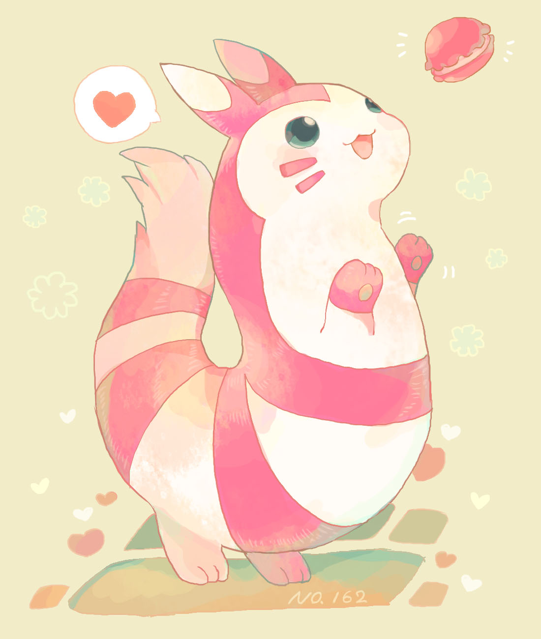 :3 akadako animal_focus aqua_eyes beige_background blush commentary_request dated_commentary facial_mark food full_body furret hands_up happy heart highres light_blush looking_up macaron no_humans notice_lines one-hour_drawing_challenge open_mouth partial_commentary pawpads pokedex_number pokemon pokemon_(creature) smile solo speech_bubble spoken_heart standing whisker_markings