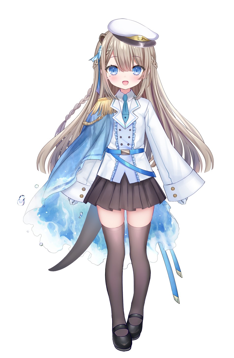 1girl :d animal_ears black_footwear black_skirt blue_cape blue_eyes blue_necktie blush braid brown_hair brown_legwear cape center_frills collared_shirt commentary_request epaulettes frills full_body gloves hat highres indie_virtual_youtuber jacket long_hair long_sleeves looking_at_viewer lutra_lutra mole mole_under_eye necktie official_art peaked_cap pleated_skirt sheath shiodome_oji shirt shoes shoulder_cape simple_background single_epaulette skirt smile solo standing tail thigh-highs very_long_hair virtual_youtuber white_background white_gloves white_headwear white_jacket white_shirt wide_sleeves