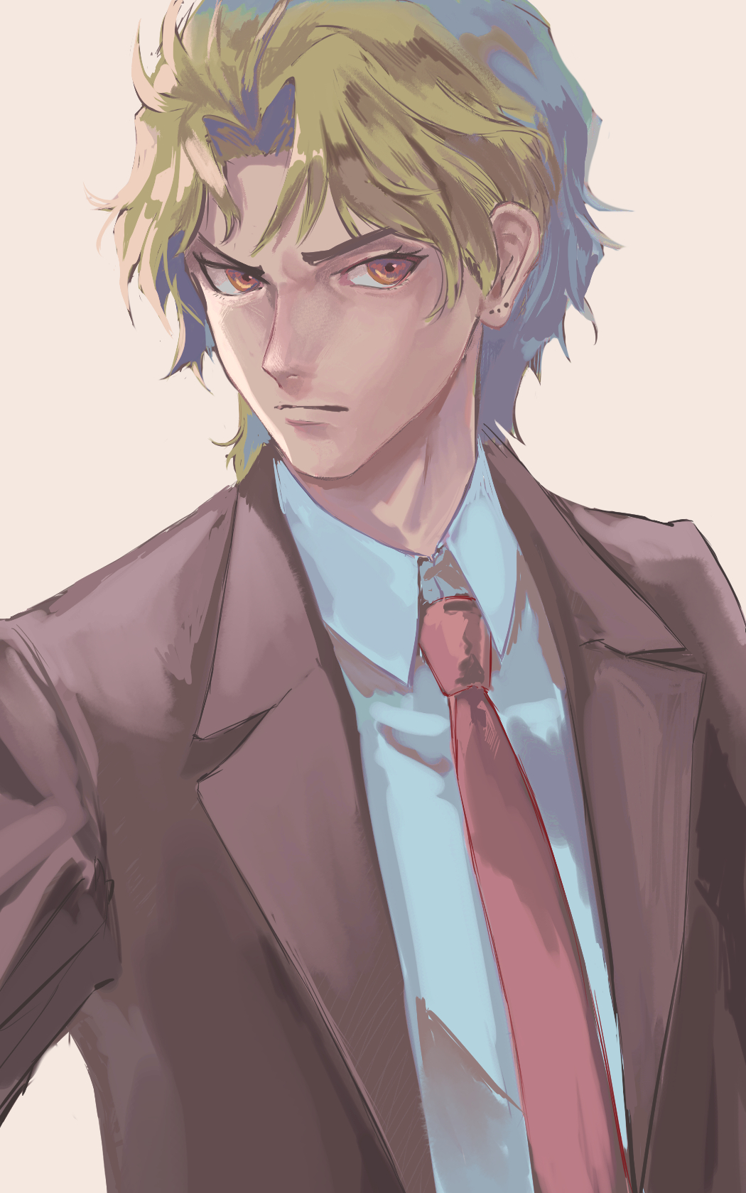 1boy blonde_hair child dio_brando formal frown highres jojo_no_kimyou_na_bouken male_focus muted_color natapy1 necktie phantom_blood red_eyes solo suit younger