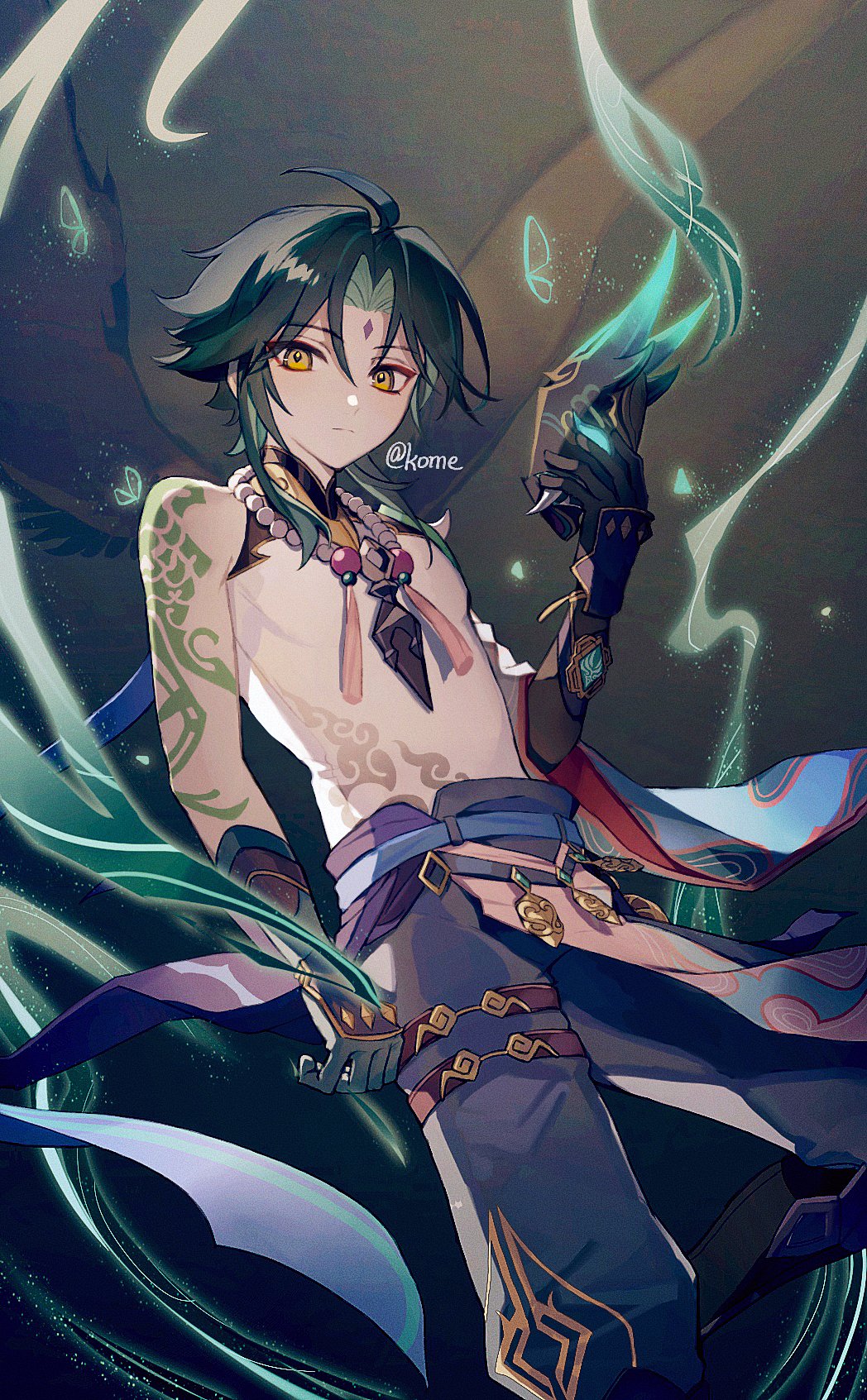 1boy 329kome arm_tattoo bead_necklace beads black_hair closed_mouth facial_mark forehead_mark genshin_impact gloves green_hair highres holding holding_mask jewelry looking_at_viewer male_focus mask multicolored_hair necklace solo tassel tattoo twitter_username vision_(genshin_impact) xiao_(genshin_impact) yellow_eyes