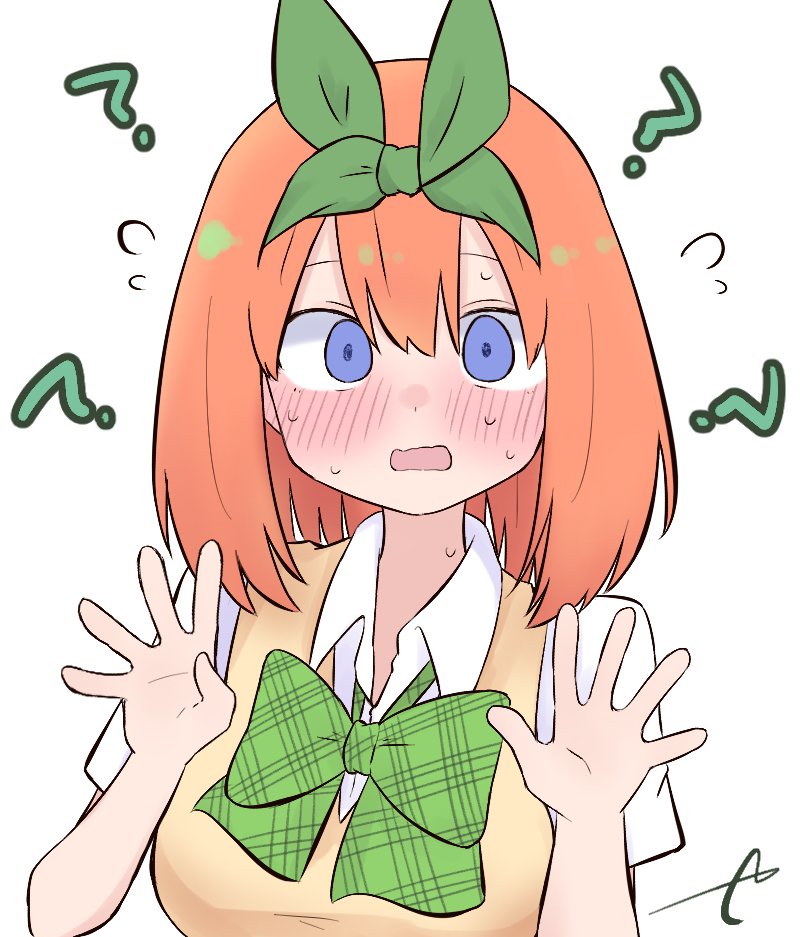 1girl ? bangs blue_eyes blush bow breasts collared_shirt commentary_request eyebrows_behind_hair flying_sweatdrops go-toubun_no_hanayome green_bow green_ribbon hair_between_eyes hair_ribbon hands_up kujou_karasuma looking_at_viewer medium_breasts nakano_yotsuba open_mouth orange_hair ribbon shirt short_sleeves signature simple_background solo sweat sweater_vest upper_body wavy_hair white_background white_shirt