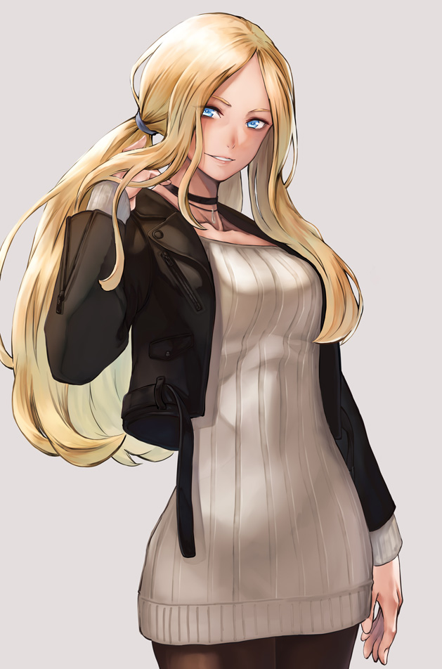 1girl adjusting_hair black_jacket blonde_hair blue_eyes breasts choker collarbone cowboy_shot grey_background hinoru_saikusa jacket kolin lips long_hair looking_at_viewer medium_breasts parted_lips side_ponytail simple_background smile solo standing street_fighter street_fighter_v sweater