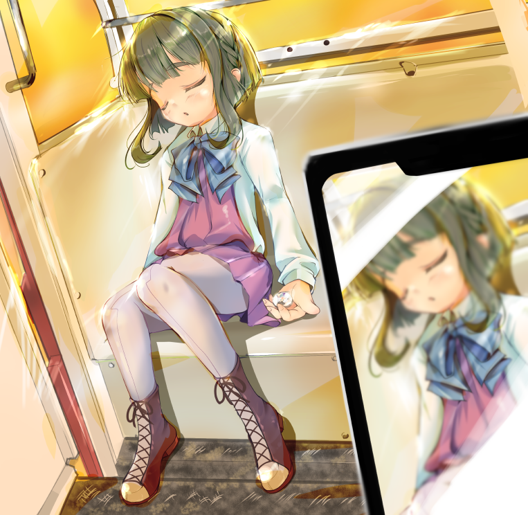 1girl bob_cut braid cellphone commentary_request cross-laced_footwear dress dress_shirt green_hair grey_legwear kantai_collection long_sleeves pantyhose phone pleated_dress school_uniform shirt short_hair short_hair_with_long_locks sidelocks sitting sleeping sleeveless sleeveless_dress smartphone solo takanami_(kancolle) train_interior white_shirt yashin_(yasinz)