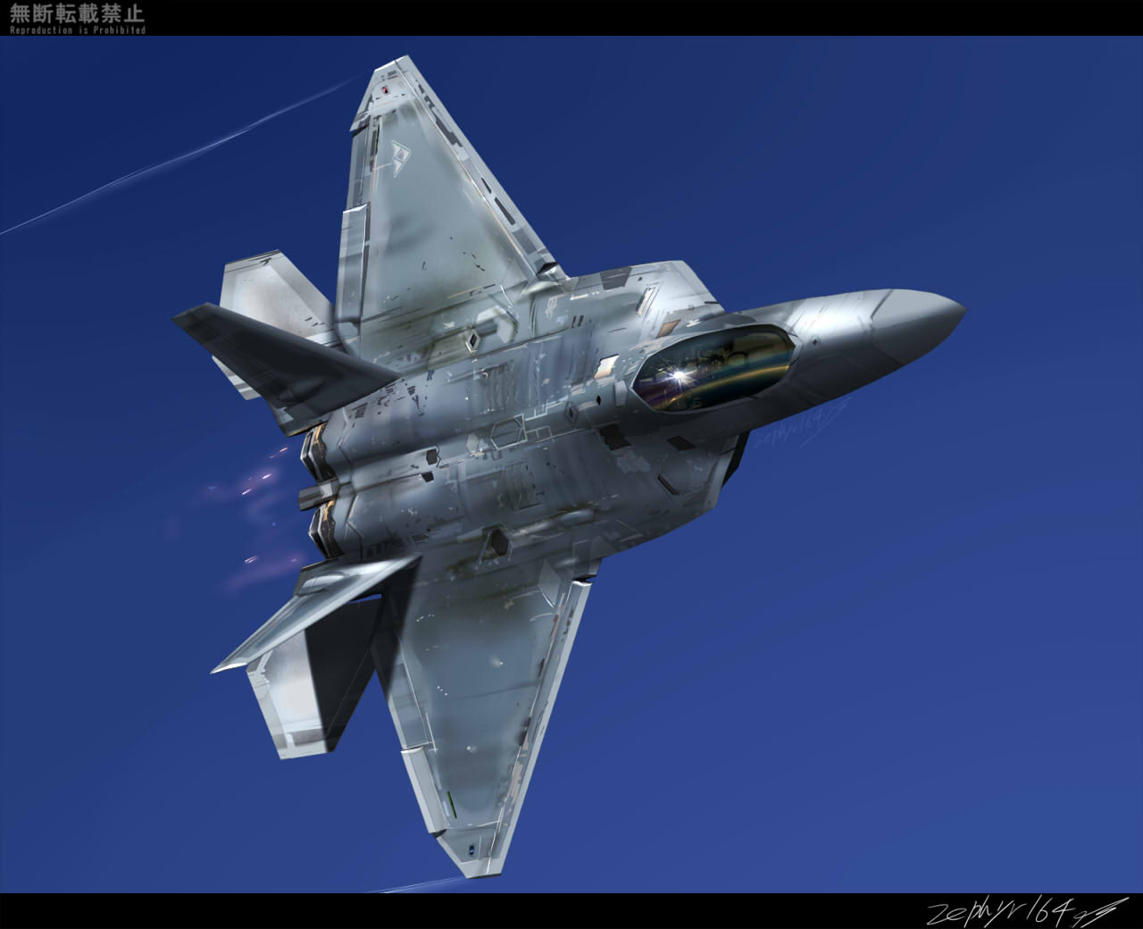 ace_combat ace_combat_04 afterburner aircraft airplane artist_name blue_sky canopy_(aircraft) cockpit commentary_request contrail f-22_raptor fighter_jet flying isaf jet lens_flare letterboxed military military_vehicle mobius_1 outdoors signature sky vehicle_focus zephyr164