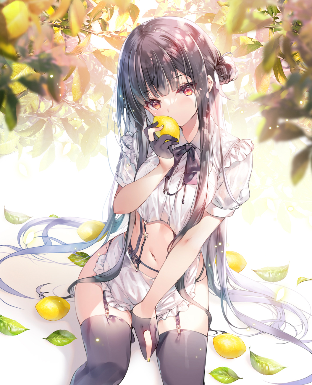 1girl apron between_legs black_gloves black_hair black_legwear bow bowtie collared_shirt crop_top food frilled_apron frilled_shirt frills fruit garter_belt gloves highres holding leaf lemon long_hair looking_at_viewer maid_apron midriff miwabe_sakura navel original panties panty_straps partially_fingerless_gloves red_eyes revealing_clothes shirt short_sleeves sitting solo stomach string_panties suspenders thigh-highs thighs underwear very_long_hair waist_apron white_shirt