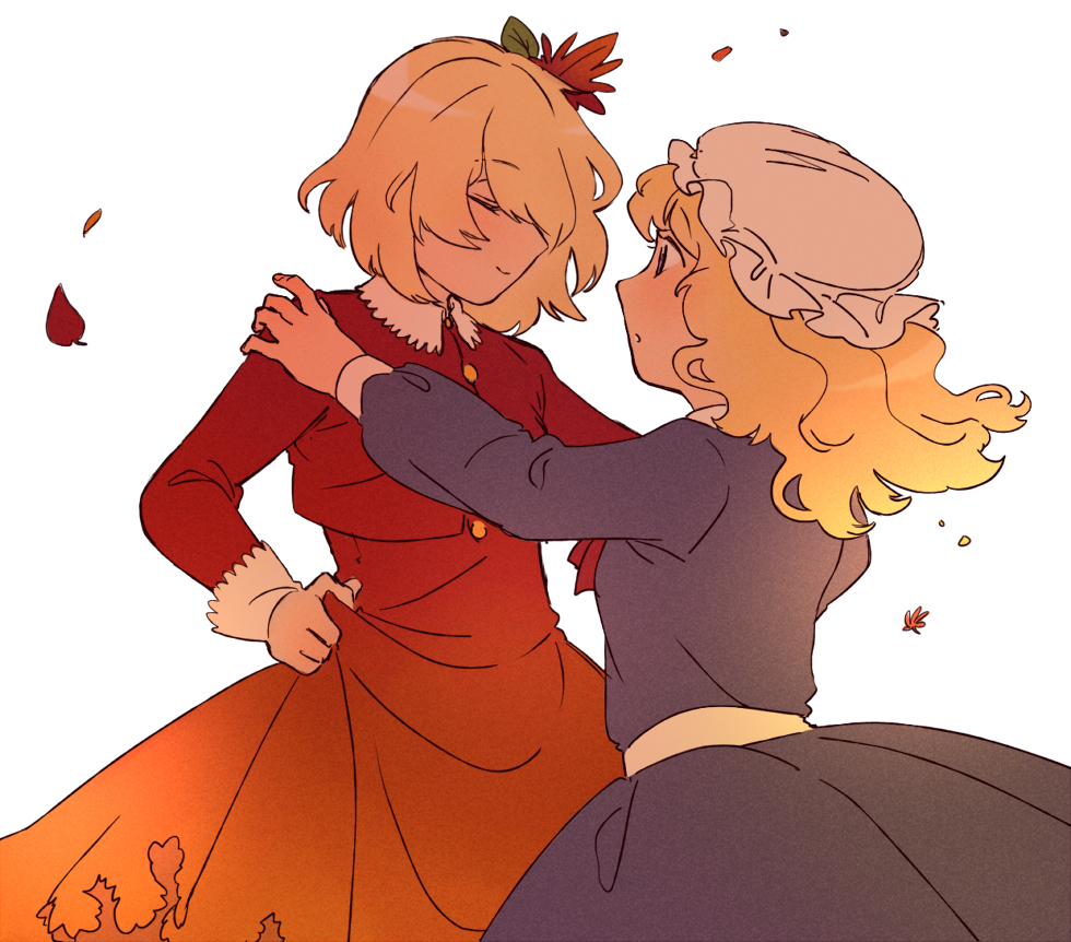 2girls aki_shizuha blonde_hair closed_eyes dancing dress from_side hair_flowing_over hair_ornament hat holding holding_clothes leaf_hair_ornament maribel_hearn mob_cap multiple_girls nekolina purple_dress red_dress smile touhou upper_body wind