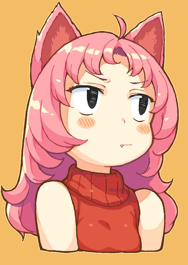 1girl ahoge animal_ears arms_at_sides bachera bangs bare_shoulders black_eyes blush_stickers cat_ears closed_mouth commentary_request cropped_torso fang fang_out furrowed_brow long_hair looking_away looking_to_the_side no_pupils orange_background original parted_bangs pink_hair red_sweater simple_background sleeveless sleeveless_sweater solo sweater upper_body