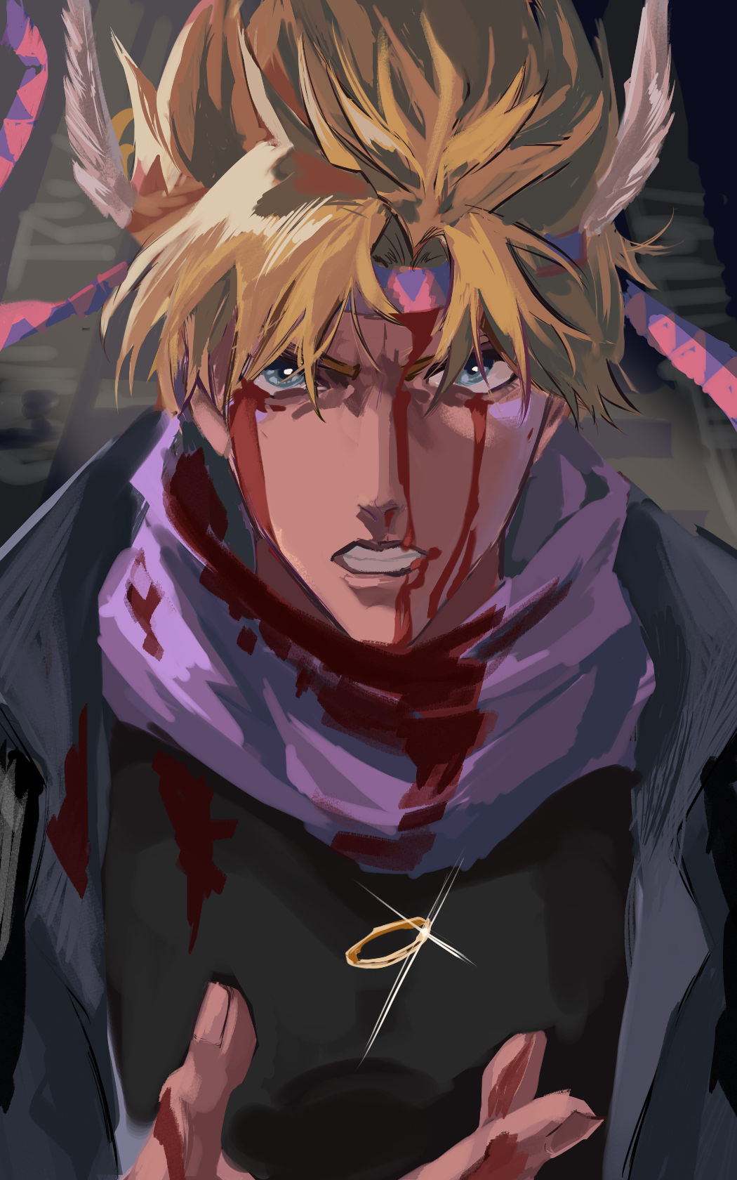 1boy battle_tendency blonde_hair blood blood_on_face blue_eyes caesar_anthonio_zeppeli facial_mark feather_hair_ornament feathers hair_ornament headband highres jewelry jojo_no_kimyou_na_bouken male_focus natapy1 pink_scarf ring scarf solo triangle_print