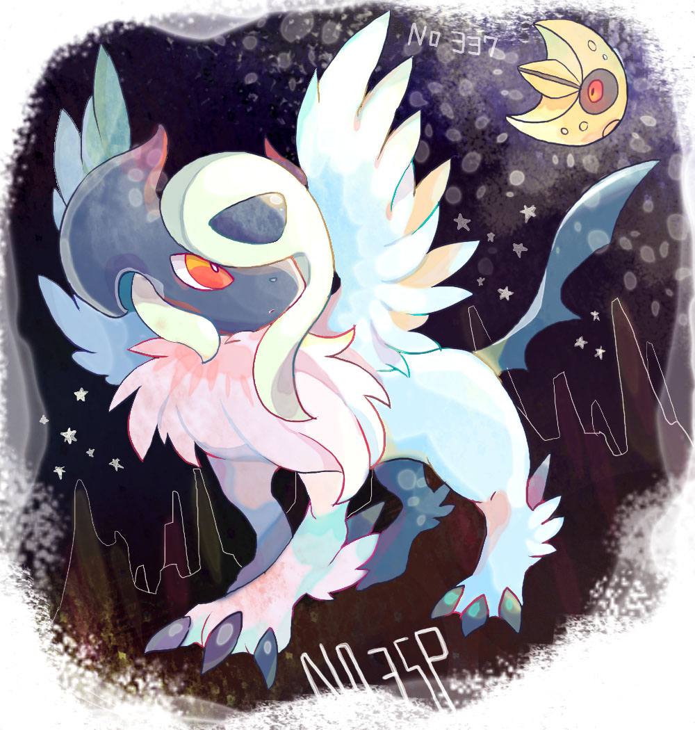 absol akadako animal_focus bangs black_sclera border bright_pupils claws colored_sclera commentary_request crescent dated_commentary feathered_wings floating full_body hair_over_one_eye looking_at_another looking_back looking_up lunatone mega_absol mega_pokemon night no_humans one-hour_drawing_challenge one_eye_covered outdoors partial_commentary pokedex_number pokemon pokemon_(creature) red_eyes solo_focus standing star_(symbol) white_border white_hair white_pupils white_wings wings