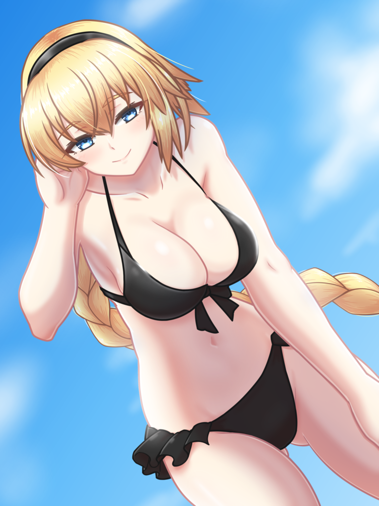 1girl ass_visible_through_thighs bangs bare_shoulders bikini black_bikini black_hairband blonde_hair blue_eyes blue_sky breasts clouds collarbone commentary cowboy_shot day eyebrows_visible_through_hair fate/grand_order fate_(series) front-tie_bikini front-tie_top hair_between_eyes hairband hand_up jeanne_d'arc_(fate) large_breasts long_braid long_hair looking_at_viewer navel outdoors sky smile solo soumu_niumu standing stomach swimsuit thighs very_long_hair