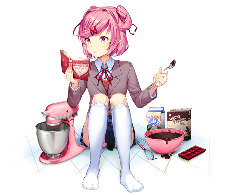 1girl blue_skirt bowl chocolate doki_doki_literature_club kneehighs mixer_(cooking) natsuki_(doki_doki_literature_club) official_art pink_eyes pink_hair reading satchely school_uniform skirt spoon two_side_up white_legwear