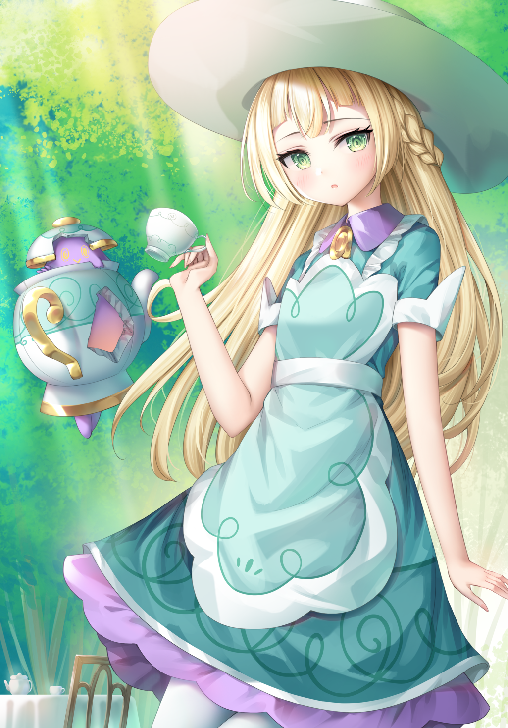 1girl :o apron bangs blonde_hair blue_dress blush braid chair cup day dress green_apron green_eyes hand_up hands_up hat highres holding holding_cup lillie_(pokemon) long_hair looking_at_viewer murano outdoors pantyhose parted_lips pokemon pokemon_(creature) pokemon_(game) pokemon_sm polteageist short_sleeves sun_hat table teapot tree very_long_hair white_headwear white_legwear