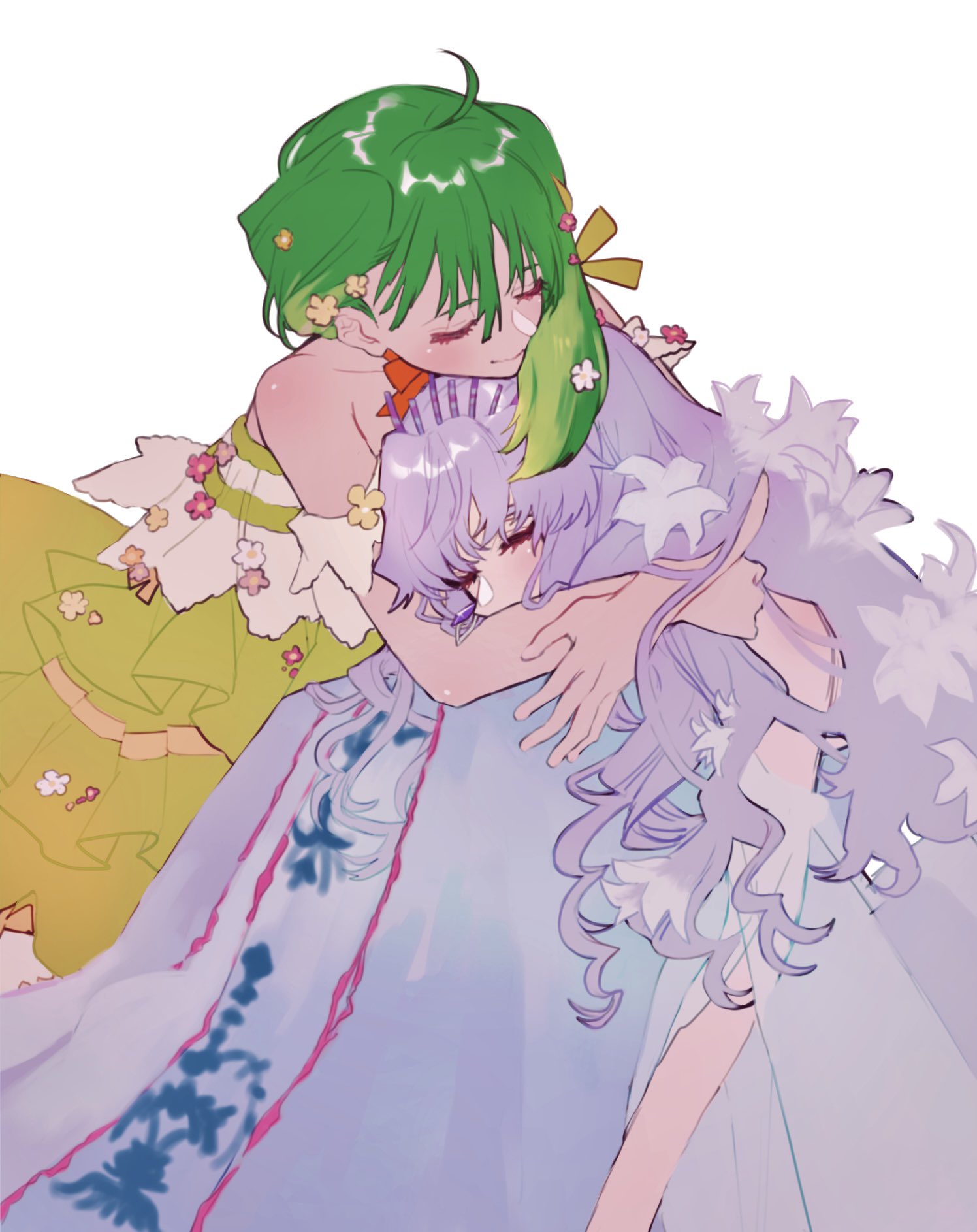 2girls closed_eyes dress eyelashes flower green_hair hair_flower hair_ornament highres hug long_hair macross macross_frontier multiple_girls pink_hair ranka_lee sechi_(stst1850) sheryl_nome strapless strapless_dress white_background white_dress yellow_dress