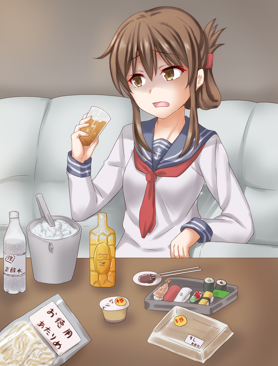 1girl alcohol anchor_symbol anti_(untea9) bottle breasts brown_hair chopsticks couch cup disgust drinking_glass eating eyebrows_visible_through_hair folded_ponytail food hair_ornament hair_ribbon hairclip highres holding holding_cup ice inazuma_(kancolle) kantai_collection long_hair long_sleeves makizushi neckerchief pincers plate pudding ribbon rice salmon school_uniform serafuku shaded_face shirt sitting small_breasts soda_bottle solo soy_sauce sushi table white_shirt