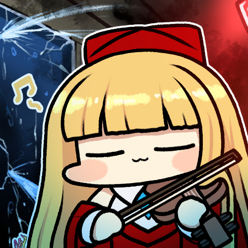 1girl :3 bangs blonde_hair blunt_bangs cardinal_armand chibi closed_eyes cracked_glass instrument jazz_jack last_origin long_hair lowres musical_note signature violin water