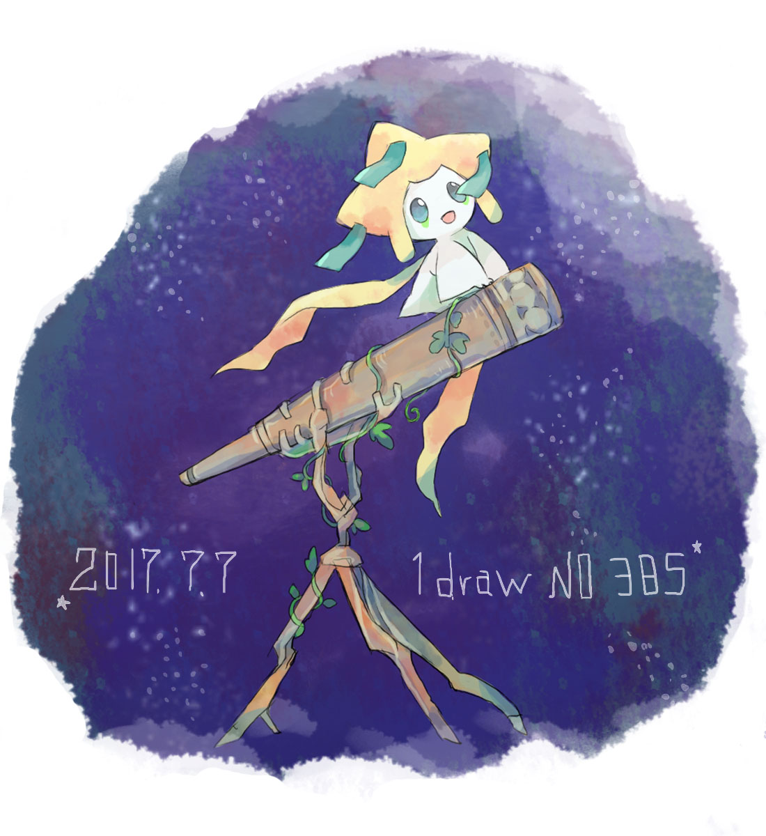 akadako blank_eyes blue_eyes border colored_skin commentary_request dated dated_commentary english_text full_body happy highres jirachi looking_up one-hour_drawing_challenge open_mouth partial_commentary plant pokedex_number pokemon pokemon_(creature) purple_background round_image smile solo star_(symbol) telescope vines white_border white_skin