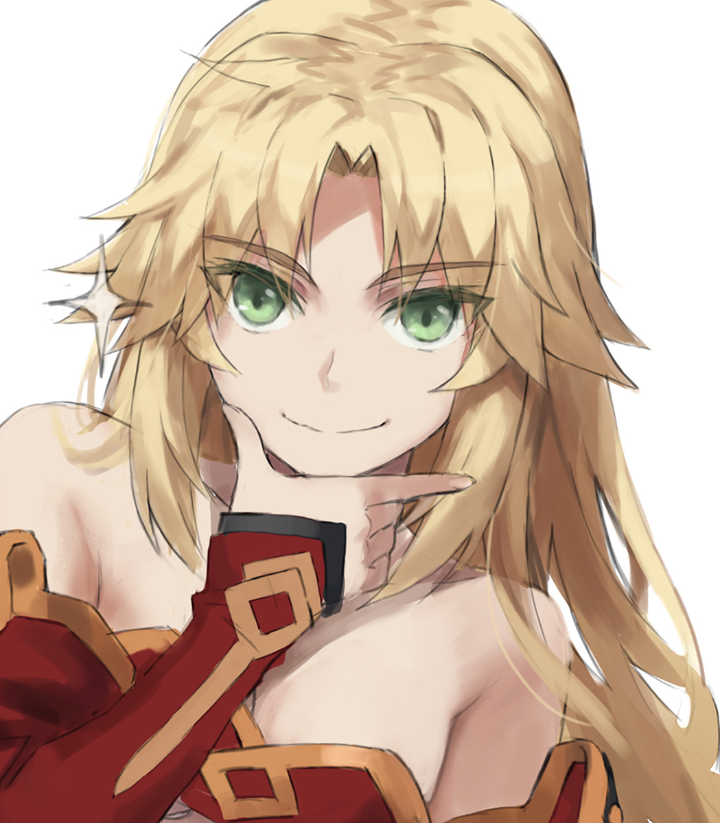 1girl bandeau bangs bare_shoulders blonde_hair breasts detached_collar detached_sleeves fate/apocrypha fate/grand_order fate_(series) green_eyes highres long_hair looking_at_viewer mordred_(fate) mordred_(fate/apocrypha) parted_bangs sidelocks small_breasts smile solo tonee