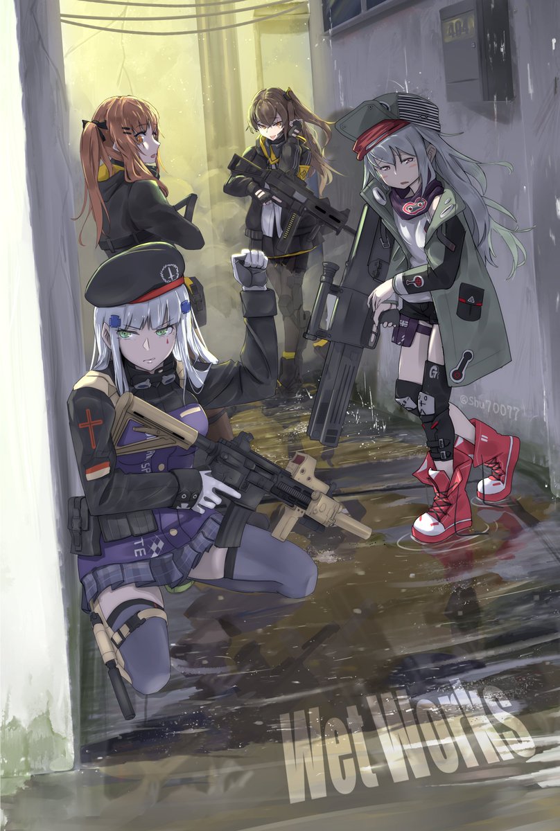 404_(girls'_frontline) 4girls arm_up assault_rifle bangs beret black_gloves black_legwear black_ribbon blunt_bangs blush brown_hair commentary_request eyebrows_visible_through_hair facial_mark fingerless_gloves full_body g11_(girls'_frontline) girls_frontline gloves green_eyes green_jacket grey_eyes grey_hair gun h&amp;k_g11 h&amp;k_hk416 h&amp;k_ump9 hair_between_eyes hair_ornament hair_ribbon hairclip hat highres hk416_(girls'_frontline) holding jacket long_hair looking_at_viewer multiple_girls one_side_up orange_eyes pantyhose parted_lips plaid plaid_skirt puddle rain ribbon rifle scar scar_across_eye scar_on_face shirt shoes shu70077 silver_hair skirt sleepy sleeveless sleeveless_shirt smile sneakers squatting standing teardrop thigh-highs twintails ump45_(girls'_frontline) ump9_(girls'_frontline) weapon white_gloves white_shirt