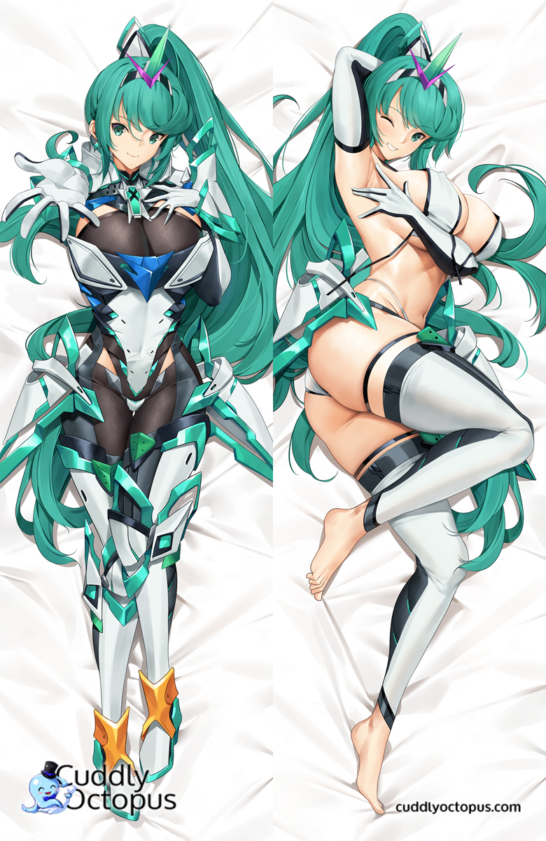 1girl armor armpits ass bangs bed_sheet bikini black_gloves bodysuit breasts chest_jewel commentary dakimakura_(medium) earrings elbow_gloves english_commentary eyebrows_visible_through_hair full_body gloves green_eyes green_hair grin hand_on_own_chest highres jewelry large_breasts long_hair looking_at_viewer lying multiple_views navel on_back on_side one_eye_closed parted_lips pneuma_(xenoblade) ponytail presenting_armpit reaching_out smile swimsuit thigh-highs tiara tony_guisado two-tone_gloves untied untied_bikini very_long_hair white_bikini white_gloves white_legwear xenoblade_chronicles_(series) xenoblade_chronicles_2