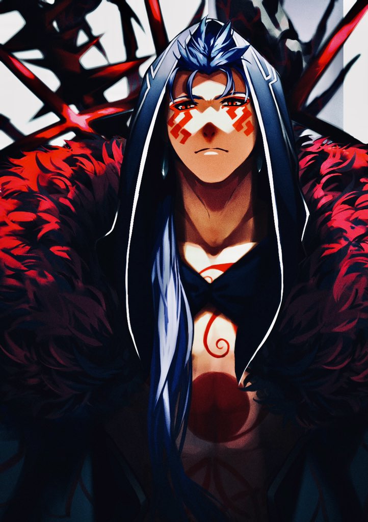 1boy blue_hair cape closed_mouth cu_chulainn_(fate) cu_chulainn_alter_(fate) dark_blue_hair dark_persona earrings facepaint fate/grand_order fate_(series) fur-trimmed_cape fur_trim hood hood_up jewelry long_hair looking_at_viewer male_focus ponytail red_eyes solo spikes spiky_hair topless_male wagaya43