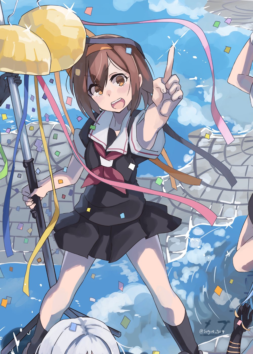 6+girls arm_up black_gloves black_shirt black_skirt blush brown_hair clouds cloudy_sky cobblestone confetti floating_clothes gloves hairband highres holding holding_pole kantai_collection kneehighs multiple_girls open_mouth orange_hairband out_of_frame pleated_skirt pointing pointing_up pole pose puddle reflection reflective_water school_uniform shiratsuyu_(kancolle) shirt shoes short_hair skirt sky smile sugue_tettou teeth wind