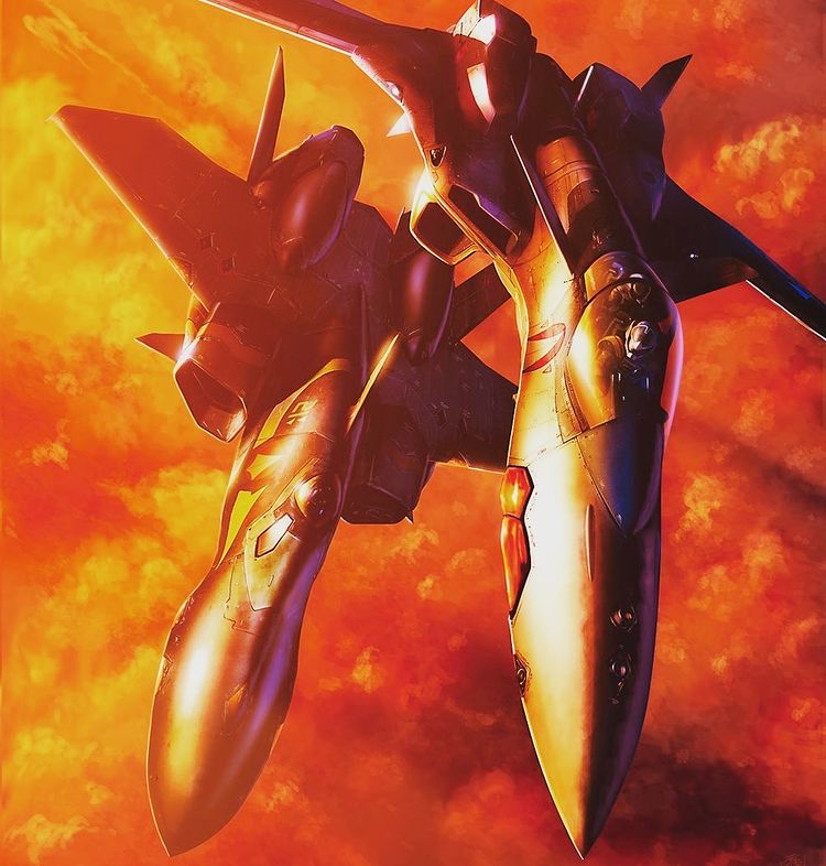 1boy aircraft airplane canopy_(aircraft) clouds english_commentary fighter_jet flying from_above isamu_dyson jet macross macross_plus mecha military military_vehicle official_art pilot_suit shiny sky tenjin_hidetaka variable_fighter vehicle_focus yf-19 yf-21