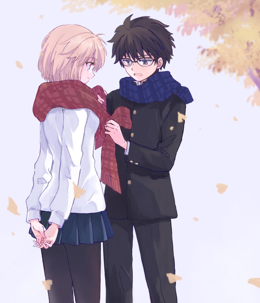 1boy 1girl adjusting_another's_clothes adjusting_scarf arcueid_brunestud autumn autumn_leaves black-framed_eyewear black_hair blonde_hair breasts commentary_request feet_out_of_frame gakuran glasses highres looking_at_another miniskirt muko_(4moiut) open_mouth own_hands_together pantyhose pleated_skirt red_eyes scarf school_uniform short_hair skirt smile sweater tohno_shiki tsukihime tsukihime_(remake) type-moon white_sweater