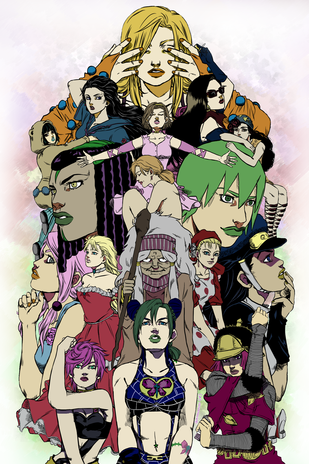 6+boys apron bandana battle_tendency black_hair blonde_hair brown_hair diamond_wa_kudakenai dreadlocks dress enya_geil erina_pendleton ermes_costello foo_fighters hat higashikata_daiya highres hirose_yasuho hood hoodie hot_pants_(sbr) jojo_no_kimyou_na_bouken jojolion kujo_holy kujo_jolyne laura_maria lisa_lisa lucy_steel multiple_boys nijimura_kei outstretched_arms phantom_blood pink_hair praying sakunami_karera spider_web_print stardust_crusaders steel_ball_run stone_ocean tattoo trish_una vento_aureo yamagishi_yukako