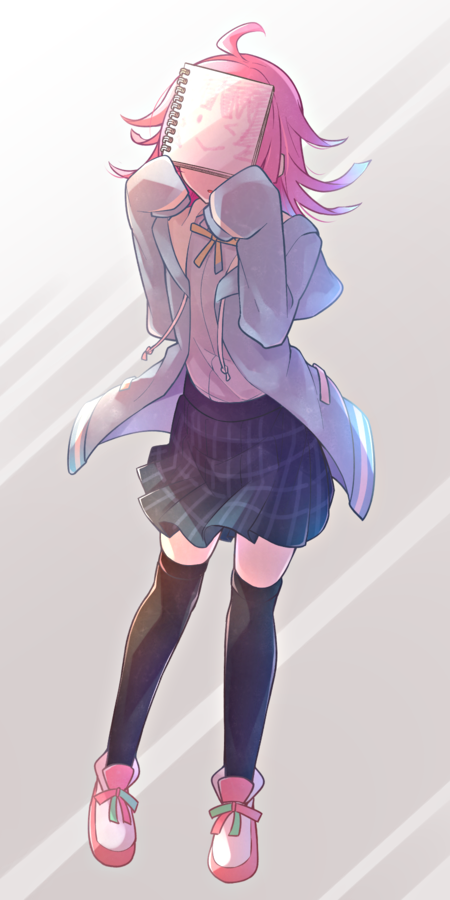 :&gt; ahoge bangs black_legwear blue_jacket blue_skirt checkered_clothes checkered_skirt commentary_request flat_chest full_body grey_background hands_up holding holding_sketchbook hood hooded_jacket jacket long_sleeves love_live! love_live!_nijigasaki_high_school_idol_club morugen neck_ribbon one_eye_closed open_mouth pink_footwear pink_hair ribbon rina-chan_board shirt shoes short_hair sketchbook skirt sleeves_past_wrists sneakers solo tennouji_rina thigh-highs white_shirt yellow_ribbon