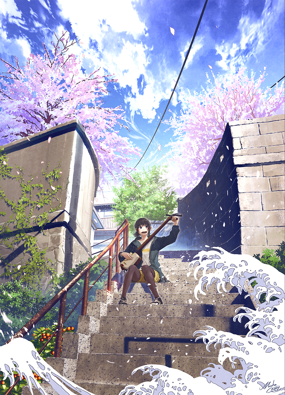 1girl black_footwear black_hair black_jacket blue_sky brick_wall brown_legwear cherry_blossoms clouds cloudy_sky commentary_request day flower grey_eyes highres holding holding_instrument instrument jacket legwear_under_shorts long_sleeves looking_away looking_to_the_side mocha_(cotton) mouth_hold open_clothes open_jacket original outdoors pantyhose pigeon-toed pink_flower plant power_lines railing scenery shamisen shoes short_shorts shorts sitting sitting_on_stairs sky solo spring_(season) stairs stone_stairs stone_wall tree wall waves yellow_shorts