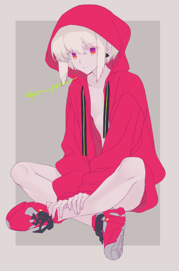 1boy androgynous beige_background beige_border crossed_legs earrings eyebrows_visible_through_hair green_hair hood hoodie jewelry limited_palette lio_fotia male_focus open_clothes open_hoodie promare red_footwear red_hoodie shoes short_hair sidelocks single_earring sitting sneakers solo twitter_username violet_eyes yon_prmr