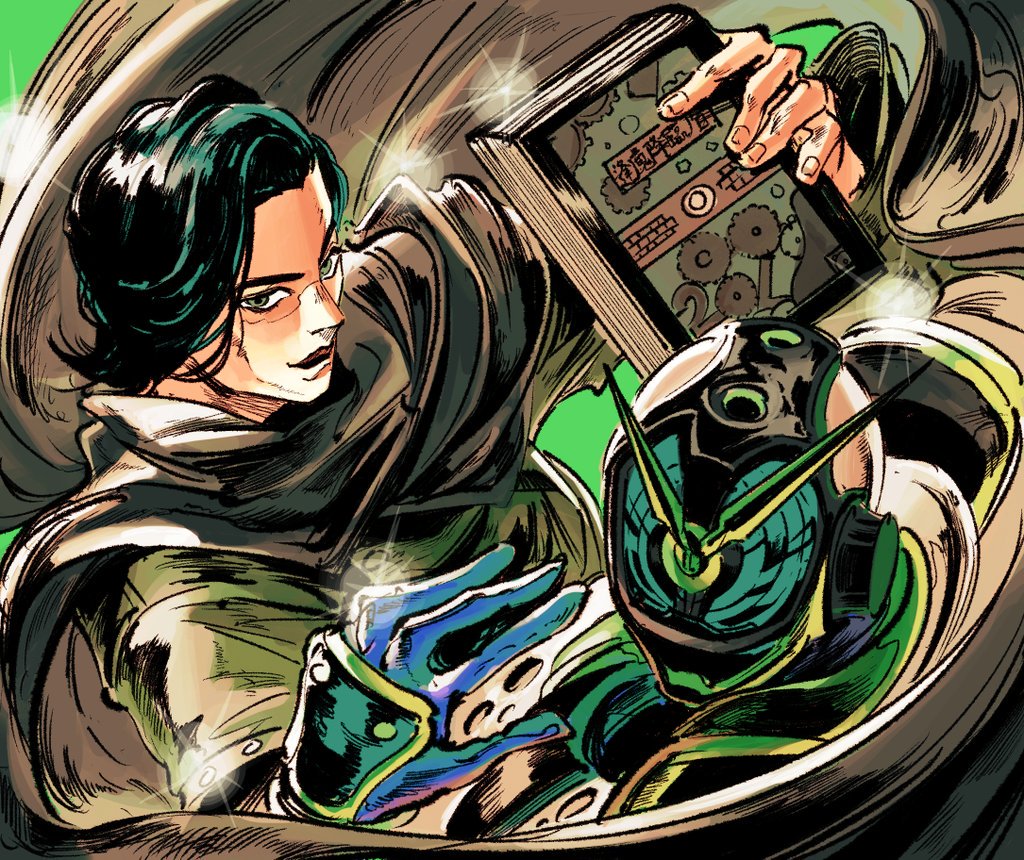 2boys araki_hirohiko_(style) blue_eyes book clock_hands coat commentary_request dual_persona glowing glowing_weapon green_background green_coat holding kamen_rider kamen_rider_woz kamen_rider_zi-o_(series) long_coat looking_at_viewer multiple_boys ouma_advent_calendar parody scarf stand_(jojo) style_parody weapon woz_(kamen_rider_zi-o) y_a_m_a_y_a
