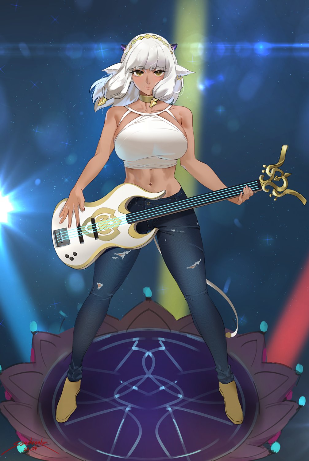 1girl animal_ears bare_arms bare_shoulders breasts commentary copyright_request dark-skinned_female dark_skin earrings english_commentary full_body guitar highres instrument jewelry large_breasts legs_apart long_hair looking_at_viewer midriff navel sendrawz single_earring solo standing white_hair yellow_eyes