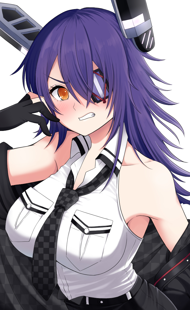 1girl black_gloves black_jacket breast_pocket checkered_clothes checkered_necktie checkered_neckwear eyepatch fur-trimmed_jacket fur_trim gloves hair_between_eyes headgear high-waist_skirt highres jacket kantai_collection long_hair necktie partially_fingerless_gloves pocket purple_hair shirt simple_background skirt sleeveless sleeveless_shirt solo spiky_hair tenryuu_(kancolle) tenryuu_kai_ni_(kancolle) upper_body white_background yomogi_dango