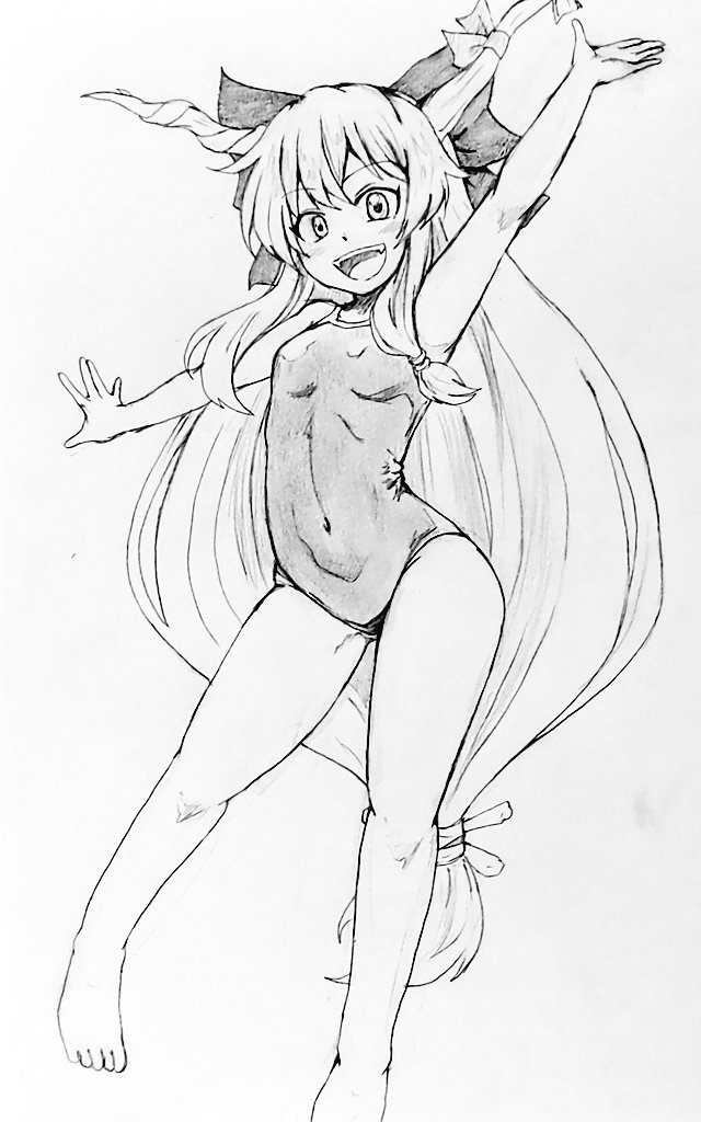 1girl bangs bare_legs barefoot bow breasts commentary_request covered_navel d-m_(dii_emu) fangs feet_out_of_frame full_body greyscale hair_bow horns ibuki_suika long_hair looking_at_viewer monochrome one-piece_swimsuit oni_horns open_mouth outstretched_arms small_breasts swimsuit tied_hair toes touhou traditional_media very_long_hair