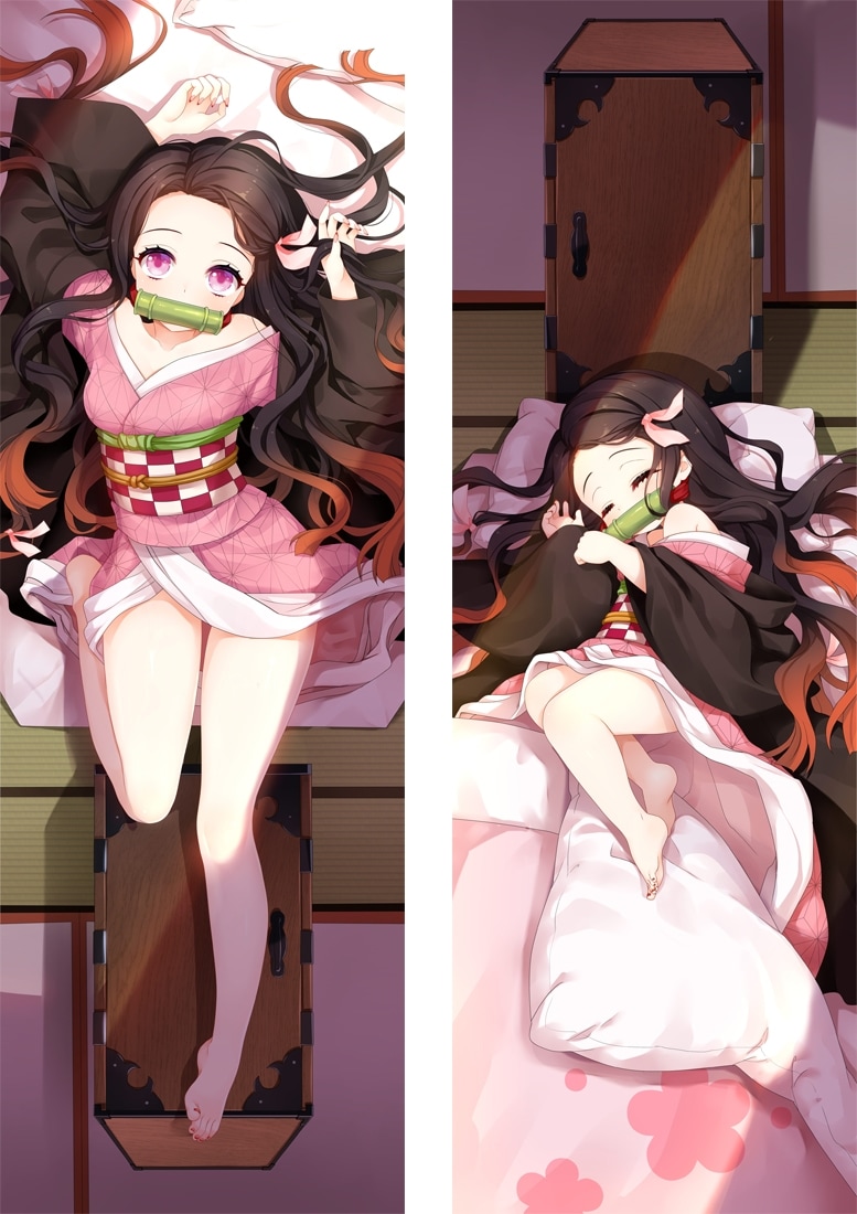 1girl bamboo bare_legs barefoot bit_gag black_coat black_hair blanket breasts checkered_clothes child closed_eyes coat dakimakura_(medium) fetal_position floral_print from_above futon gag gradient_hair hair_ribbon hands_up haori holding holding_hair indoors japanese_clothes kamado_nezuko kimetsu_no_yaiba kimono leg_up long_hair long_sleeves looking_at_viewer lying moeanime mouth_hold multicolored_hair multiple_views obi off_shoulder on_back on_bed on_side orange_hair pillow pink_eyes pink_kimono pink_ribbon ribbon sash sleeping sliding_doors tatami two-tone_hair very_long_hair wide_sleeves younger