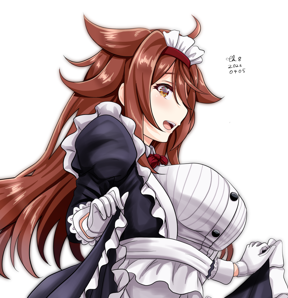 1girl ahoge alternate_costume apron black_dress breasts brown_hair commentary_request dress dress_shirt enmaided frilled_apron frills hairband kantai_collection large_breasts long_hair looking_at_viewer maid maid_headdress orange_eyes red_hairband shiratsuyu_(kancolle) shiratsuyu_kai_ni_(kancolle) shirt simple_background skirt_hold solo tk8d32 upper_body white_background