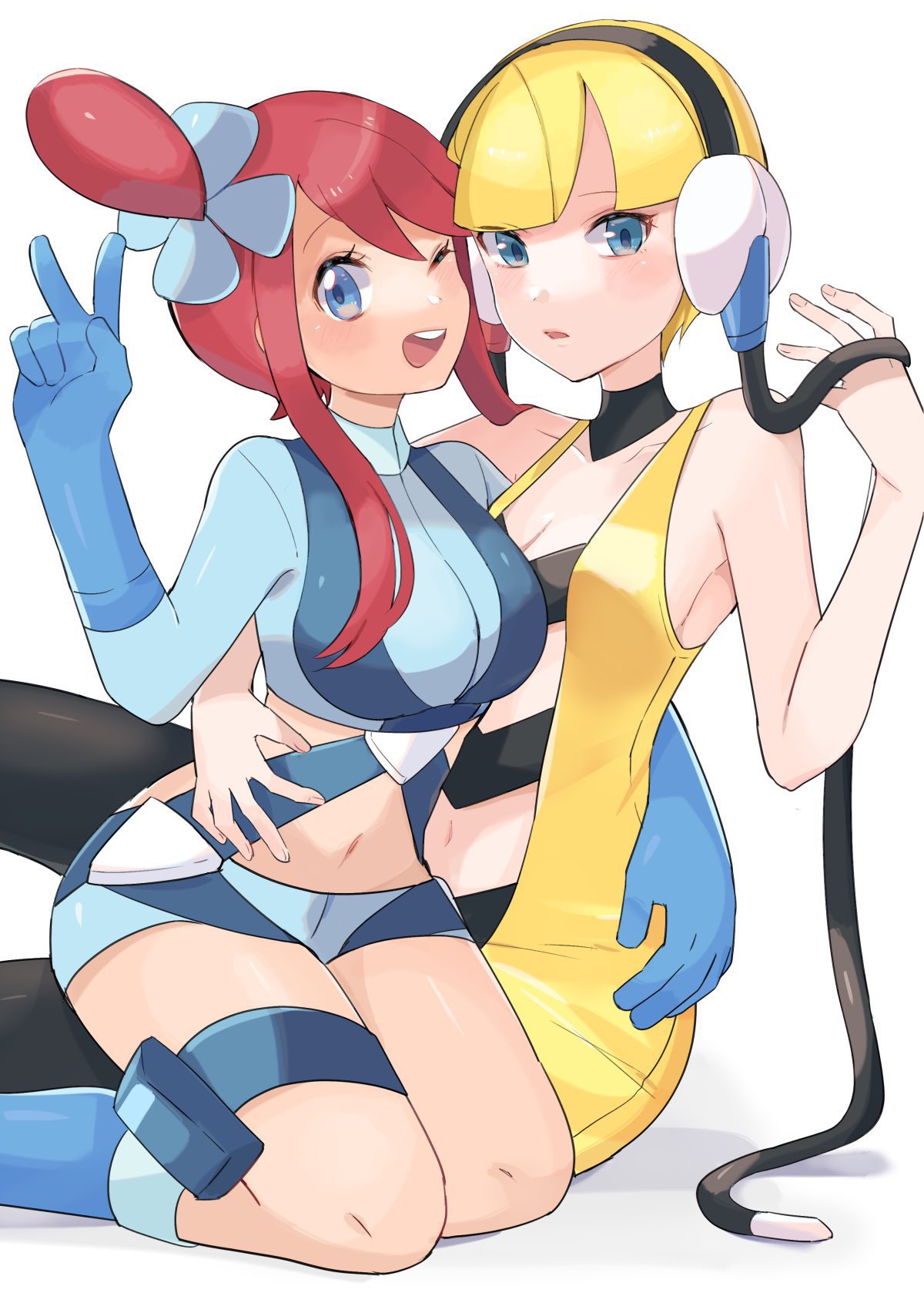 2girls ;d arm_around_waist bangs blonde_hair blue_eyes blue_footwear blue_gloves blue_jacket blue_shorts blunt_bangs boots cable cropped_jacket elesa_(pokemon) gloves hair_ornament hand_up headphones highres jacket looking_at_viewer midriff multiple_girls navel one_eye_closed one_side_up open_mouth pokemon pokemon_(game) pokemon_bw redhead ririmon short_hair short_hair_with_long_locks short_shorts shorts sidelocks sitting skyla_(pokemon) smile symbol-only_commentary teeth thigh_pouch tongue turtleneck upper_teeth v white_background