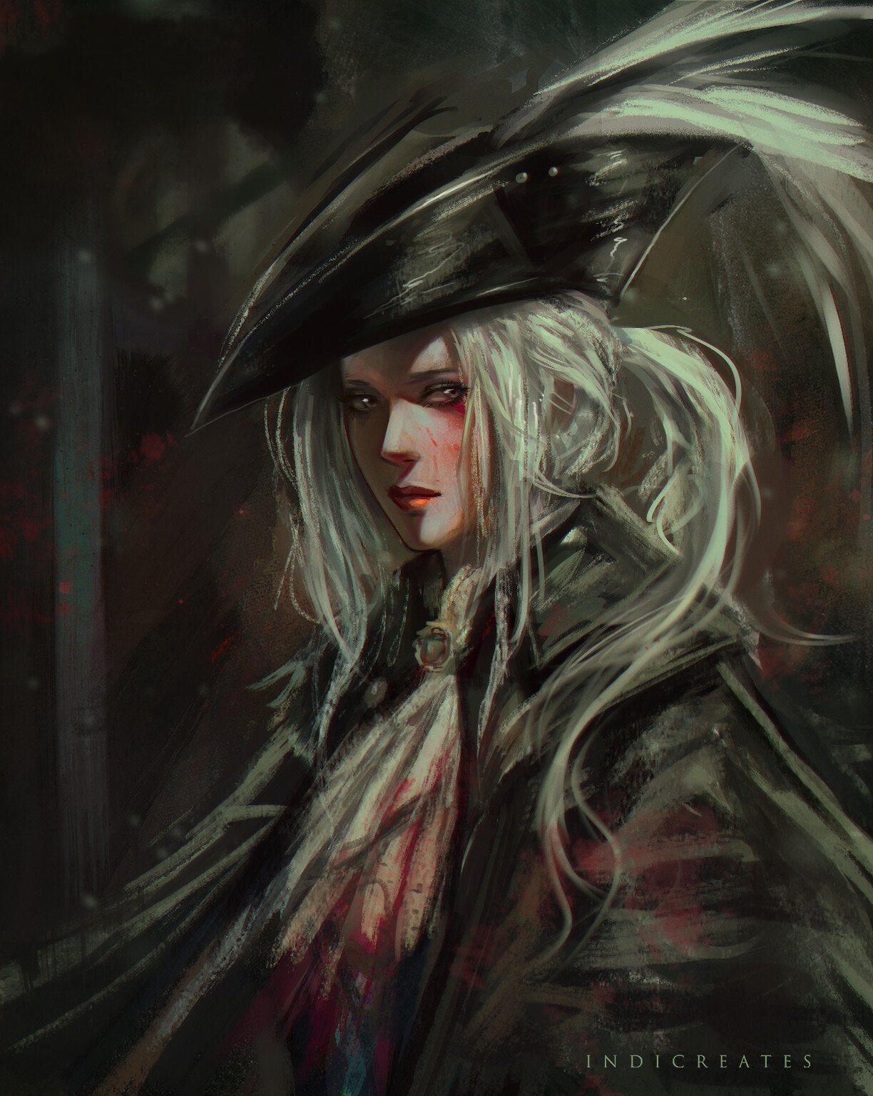 1girl artist_request ascot blood bloodborne blue_eyes coat gem gloves hat hat_feather highres lady_maria_of_the_astral_clocktower long_hair looking_at_viewer ponytail simple_background solo the_old_hunters tricorne undefined white_hair