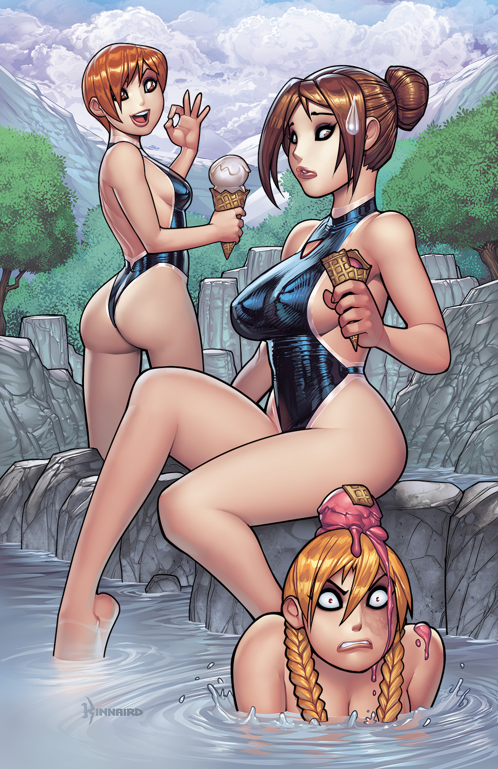 3girls angry artist_name ass black_swimsuit blonde_hair braid breasts brown_hair character_request food food_on_head hair_bun highres ice_cream ice_cream_cone large_breasts long_hair medium_breasts multiple_girls object_on_head one-piece_swimsuit open_mouth outdoors partially_submerged rock ryan_kinnaird shiny_swimsuit short_hair sideboob sitting smile soaking_feet street_fighter sweatdrop swimsuit tree twin_braids waffle_cone